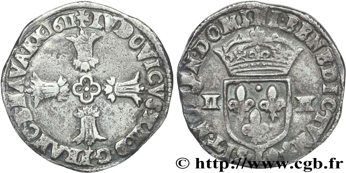 LOUIS XIII LE JUSTE Quart d écu, à la croix fleuronnée, titulature côté croix 1611 Bayonne TB+