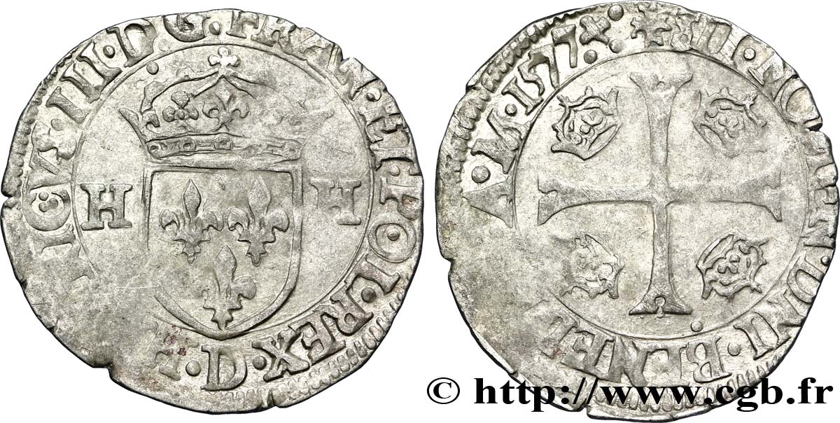 HENRY III Douzain aux deux H, 1er type 1577 Lyon XF