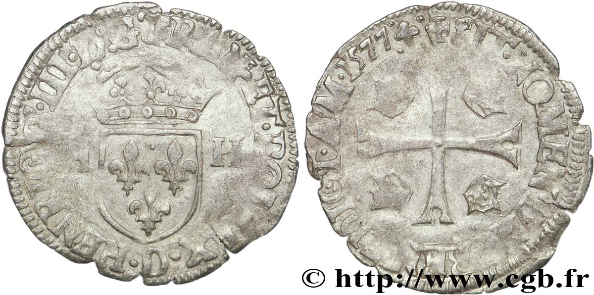 HENRI III Douzain aux deux H, 1er type 1577 Lyon TTB