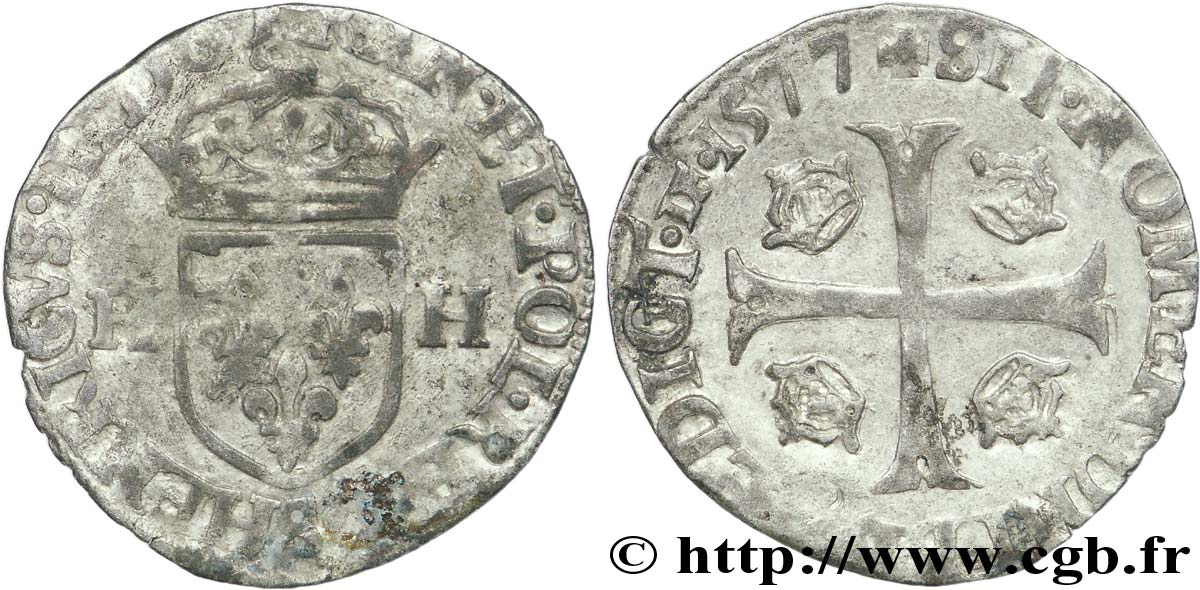 HENRY III Douzain aux deux H, 1er type 1577 Troyes fSS/SS