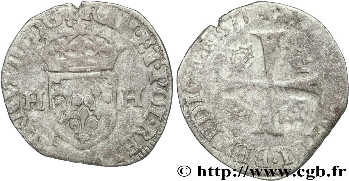 HENRY III Douzain aux deux H, 1er type 1577 Troyes VF/VG