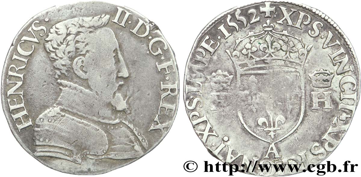 HENRI II Demi-teston à la tête nue, 1er type 1552 Paris TB+