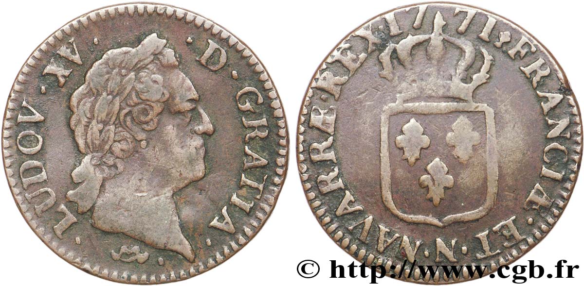 LOUIS XV DIT LE BIEN AIMÉ Sol dit &nbsp;à la vieille tête&nbsp; 1771 Montpellier TTB/TB+