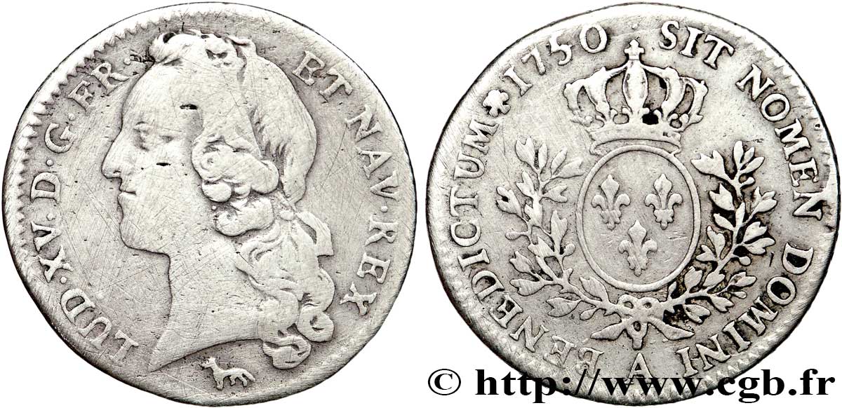 LOUIS XV  THE WELL-BELOVED  Cinquième d’écu aux branches d’olivier, tête ceinte d’un bandeau 1750 Paris MB/q.BB