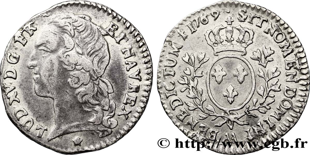 LOUIS XV &nbsp;THE WELL-BELOVED&nbsp; Dixième d&nbsp;écu aux branches d’olivier, tête ceinte d’un bandeau 1769 Metz VF/XF
