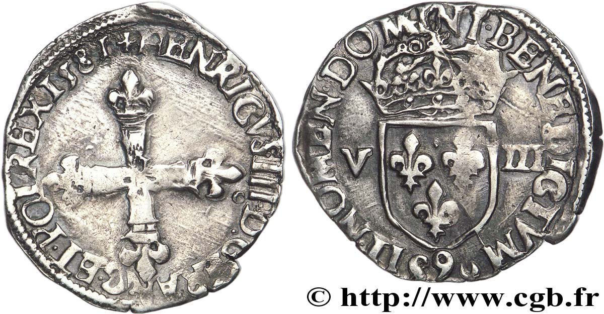 HENRI III Huitième d écu, croix de face 1581 Rennes TB+/TTB