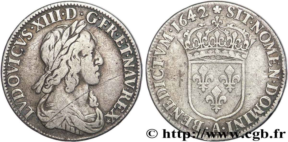 LOUIS XIII  Quart d&nbsp;écu, buste drapé et cuirassé (2e buste de Jean Warin) 1642 Paris, Monnaie de Matignon VF