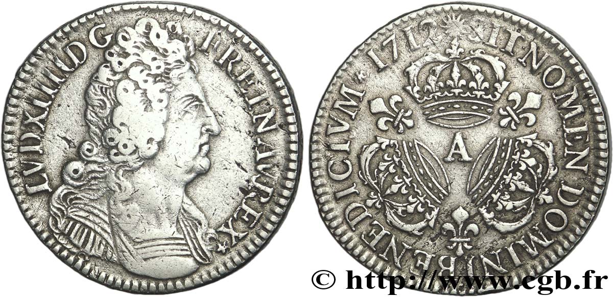 LOUIS XIV LE GRAND OU LE ROI SOLEIL Demi-écu aux trois couronnes 1712 Paris TB+/TTB