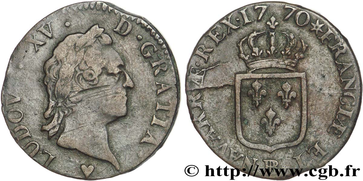 LOUIS XV DIT LE BIEN AIMÉ Sol dit &nbsp;à la vieille tête&nbsp; 1770 Strasbourg TB+/TTB