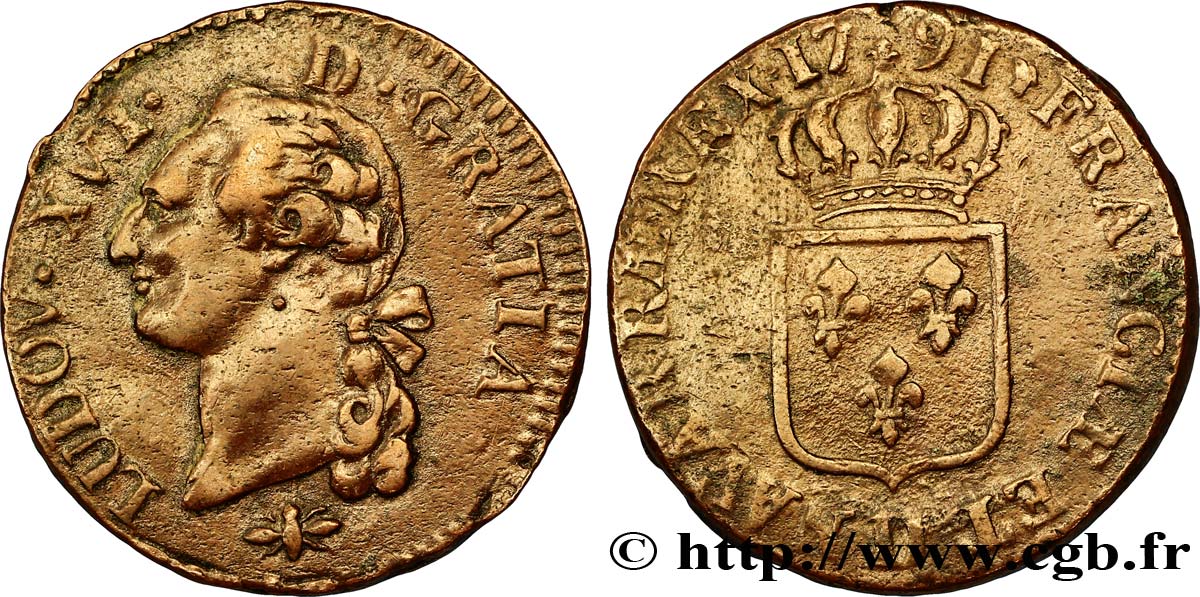 LOUIS XVI Sol dit  à l écu  1791 Lyon TTB