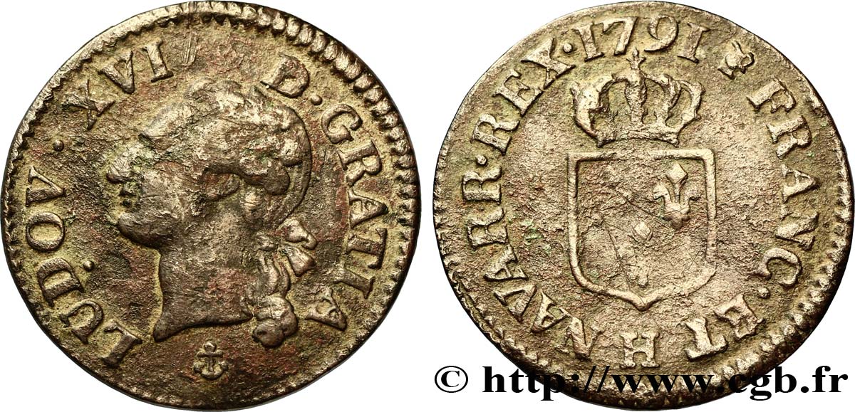 LOUIS XVI Liard dit “à l&nbsp;écu” 1791 La Rochelle TB