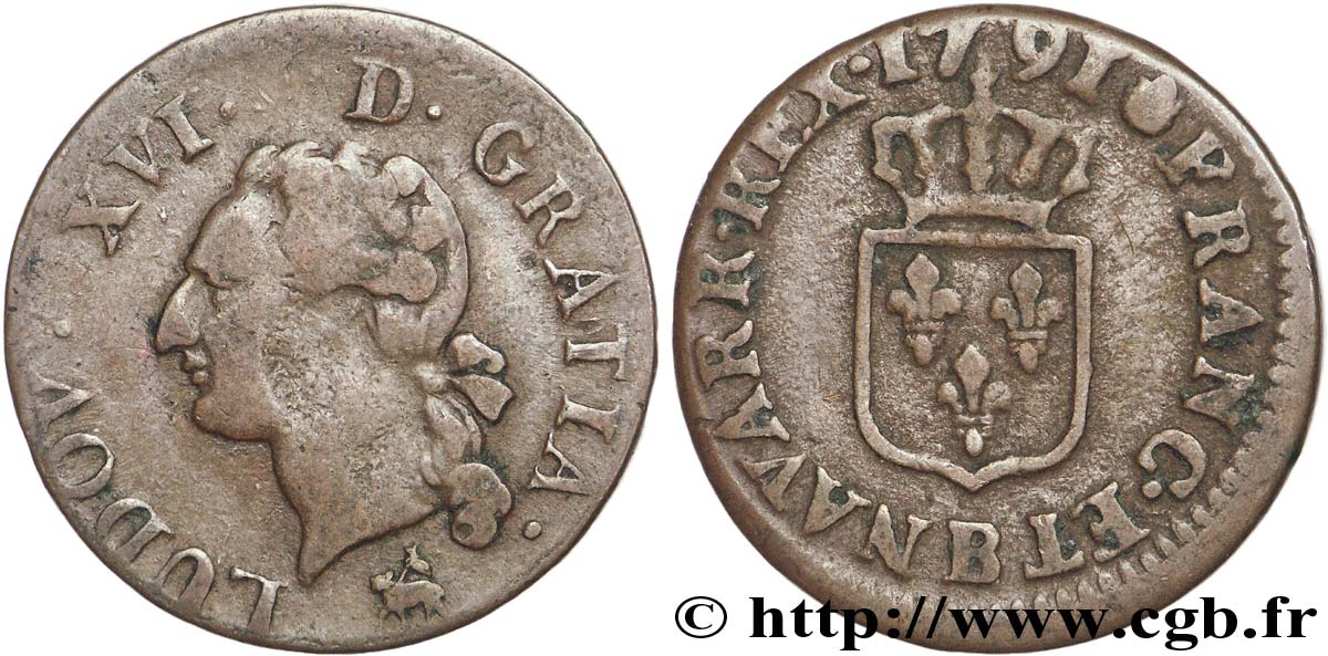 LOUIS XVI (MONARQUE CONSTITUTIONNEL)  Liard dit  à l écu  1791 Rouen TB