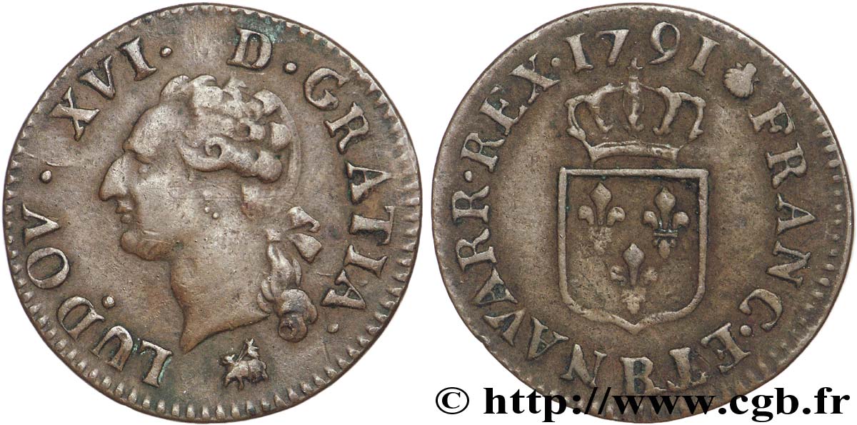 LOUIS XVI (MONARQUE CONSTITUTIONNEL)  Liard dit  à l écu  1791 Rouen TTB
