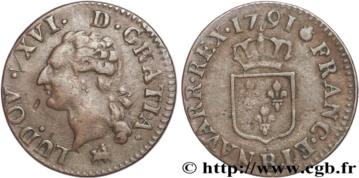 LOUIS XVI Liard dit “à l écu” 1791 Rouen TTB