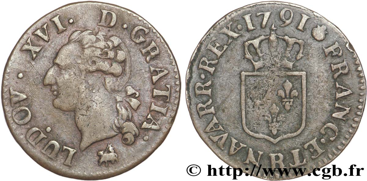 LOUIS XVI Liard dit “à l écu” 1791 Rouen TTB