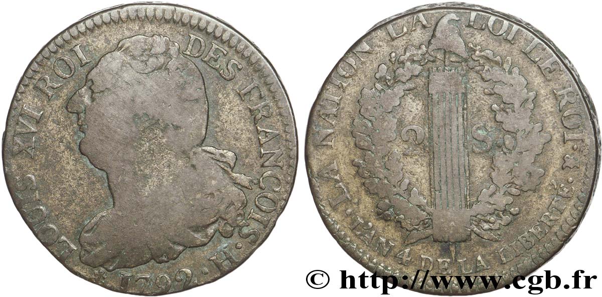 LOUIS XVI (MONARQUE CONSTITUTIONNEL)  2 sols dit &nbsp;au faisceau&nbsp;, type FRANÇOIS 1792 La Rochelle TB