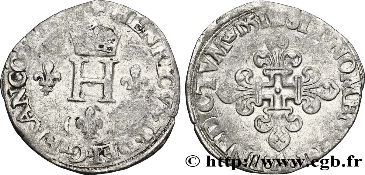 HENRI II Gros de trois blancs ou demi-gros de Nesle 1551 Paris, Moulin de Nesle TB+/TTB
