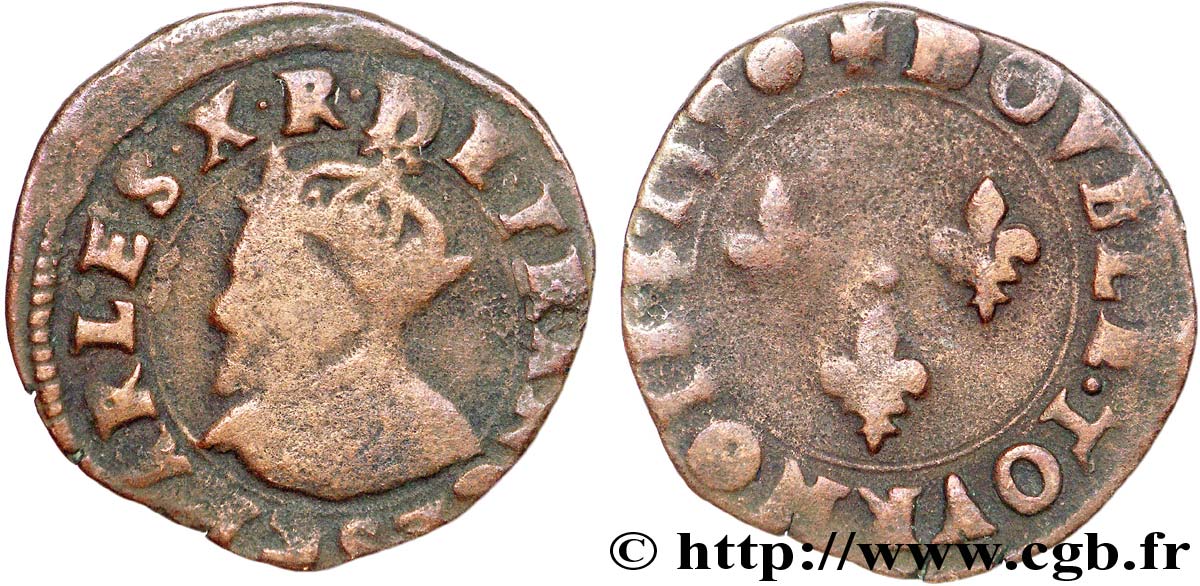 CHARLES X, CARDINAL DE BOURBON Double tournois, type de Troyes 1590 Troyes TB
