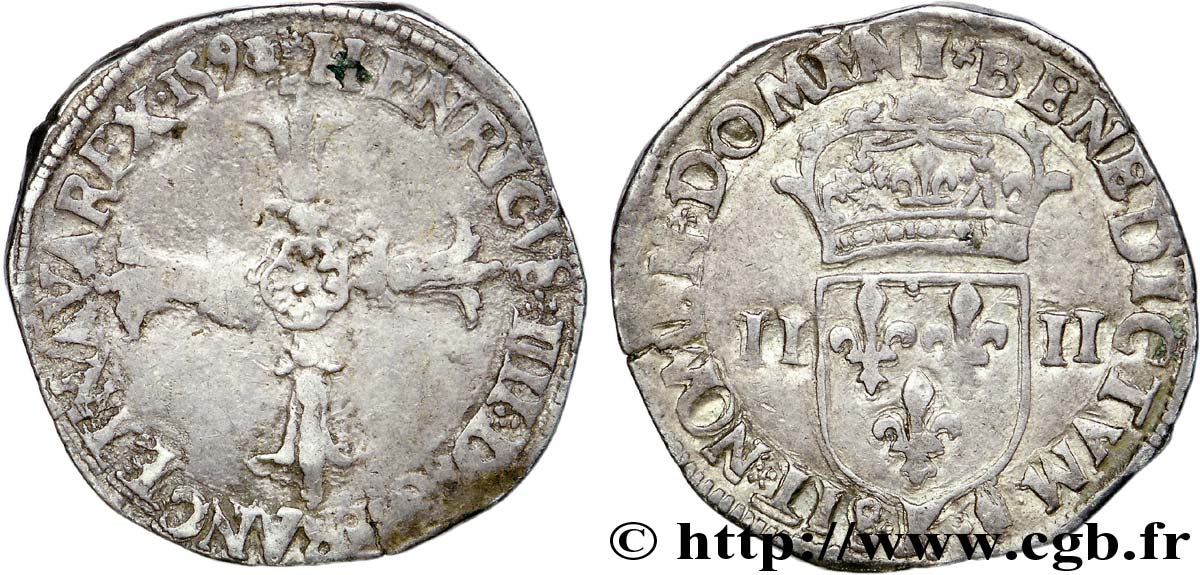HENRI IV LE GRAND Quart d&nbsp;écu, croix feuillue de face 1591 Bordeaux TB+