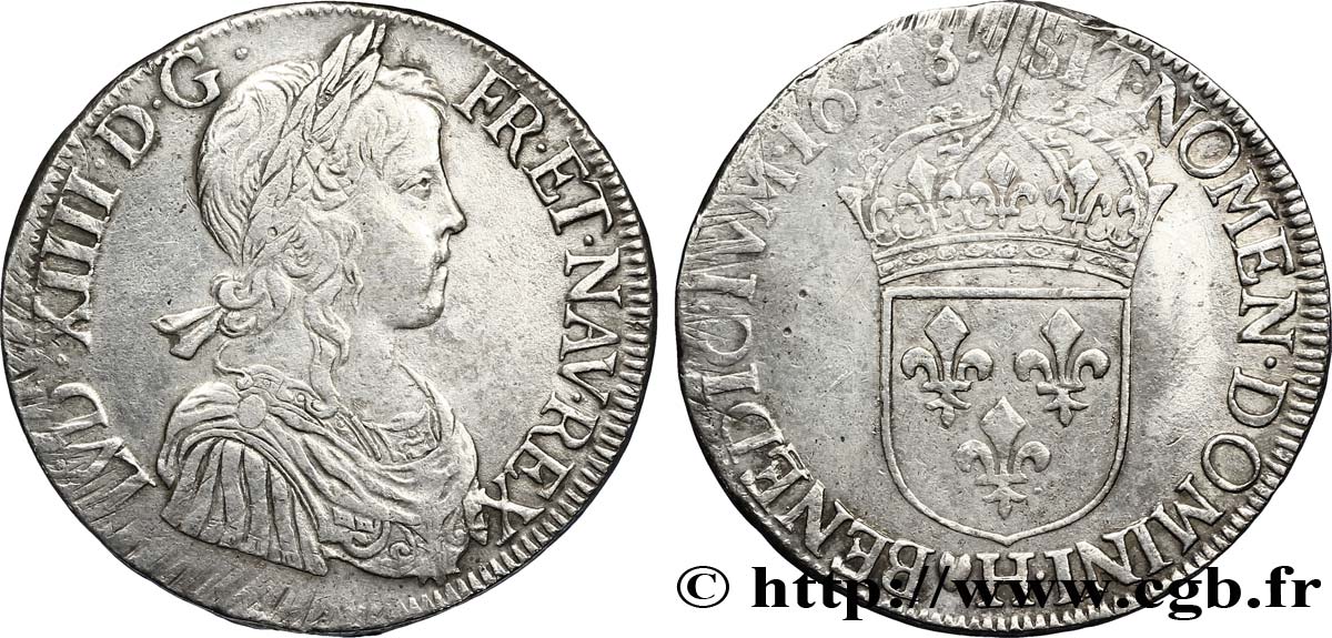 LOUIS XIV &nbsp;THE SUN KING&nbsp; Écu, portrait à la mèche longue 1648 La Rochelle XF/AU