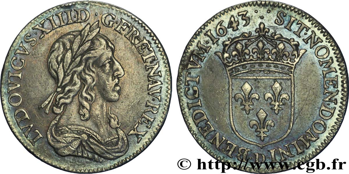 LOUIS XIII  Quart d écu, buste drapé et cuirassé (2e buste de Jean Warin) 1643 Lyon XF/AU