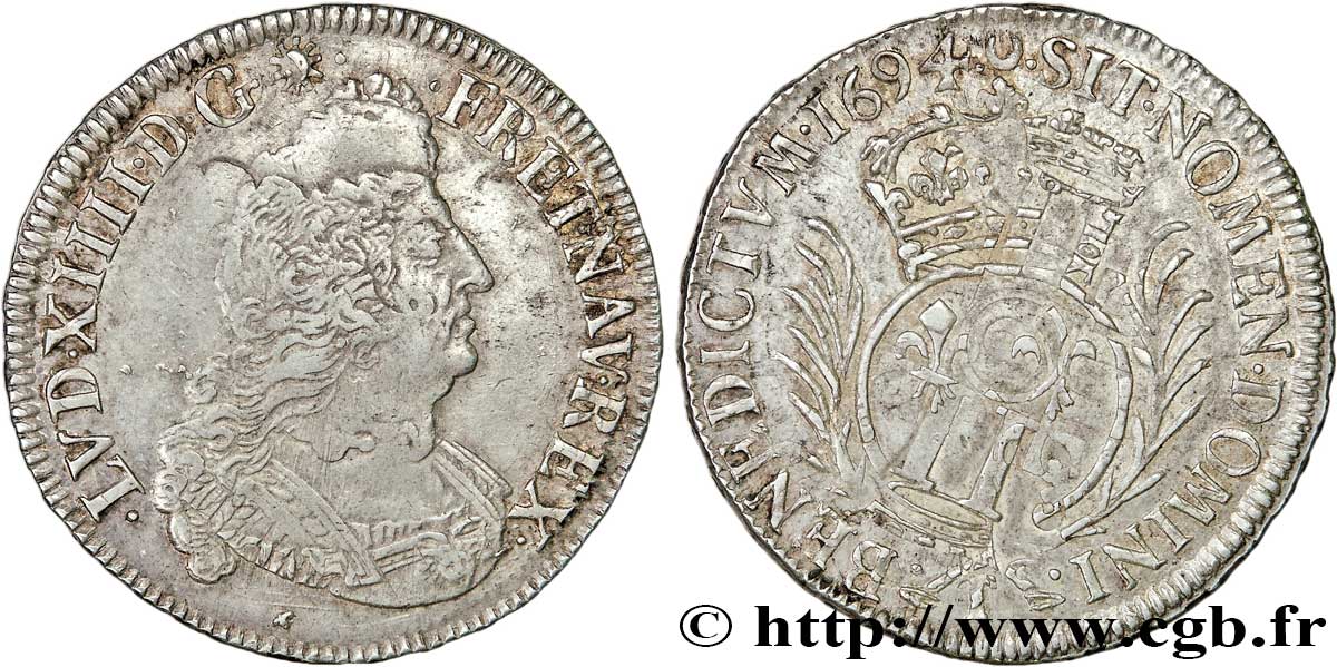 LOUIS XIV LE GRAND OU LE ROI SOLEIL Demi-écu aux palmes 1694 Nantes TB+