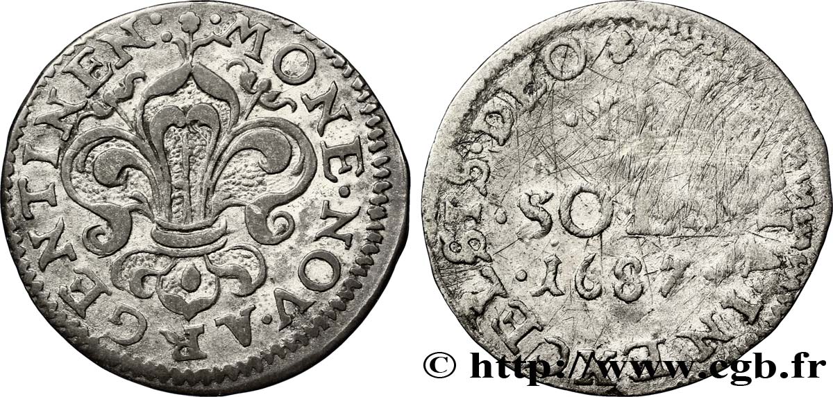 LOUIS XIV LE GRAND ou LE ROI SOLEIL II sols 1687 Strasbourg XF/VF