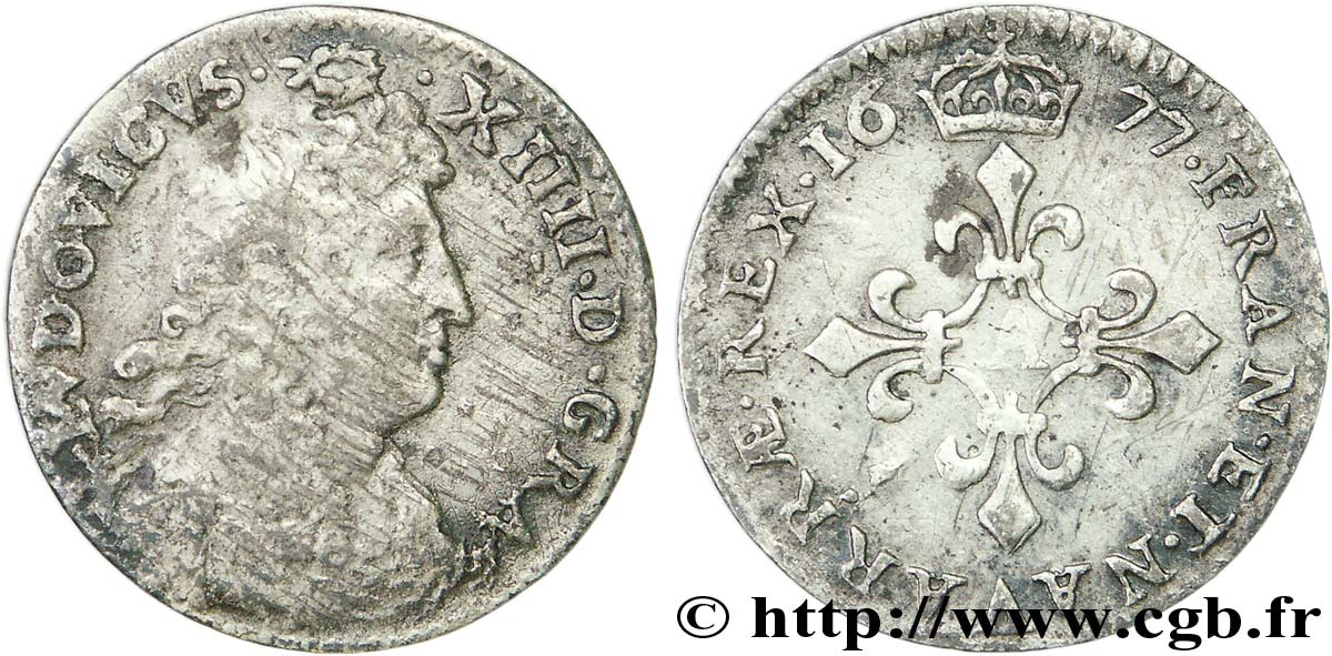 LOUIS XIV LE GRAND OU LE ROI SOLEIL Quatre sols à la croix formée de lis 1677 Paris TB/TB+