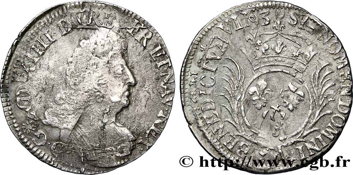 LOUIS XIV LE GRAND OU LE ROI SOLEIL Demi-écu aux palmes 1693 s.l. TB/TB+