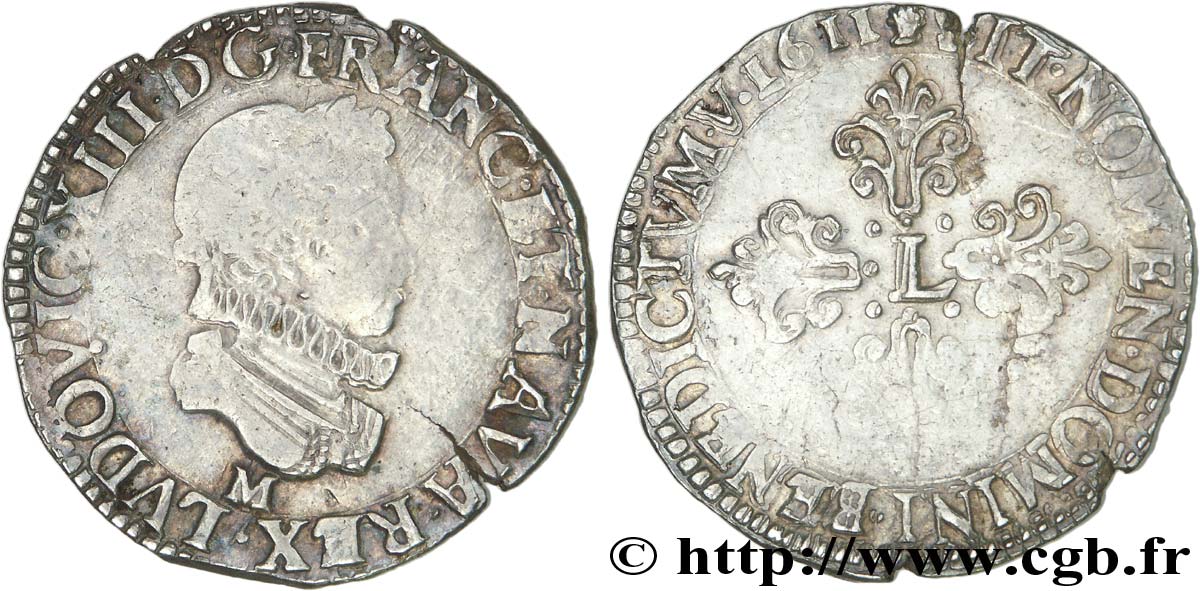 LOUIS XIII  Demi-franc au buste enfantin et fraisé 1611 Toulouse fSS/SS