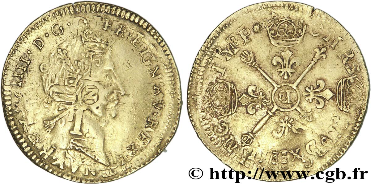 LOUIS XIV  THE SUN KING  Louis d or aux insignes, portrait aux cheveux courts, fausse réformation 1704 Lyon BC+/MBC