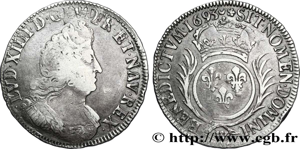 LOUIS XIV LE GRAND OU LE ROI SOLEIL Demi-écu aux palmes 1693 Lille TB/TB+