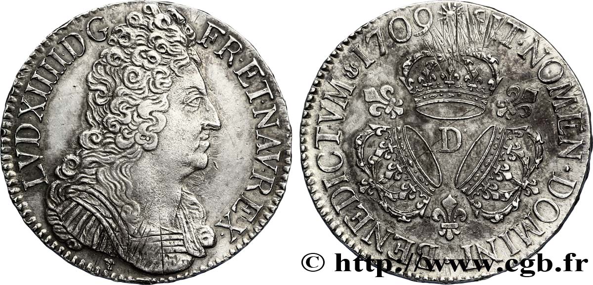 LOUIS XIV  THE SUN KING  Écu aux trois couronnes 1709 Lyon q.SPL