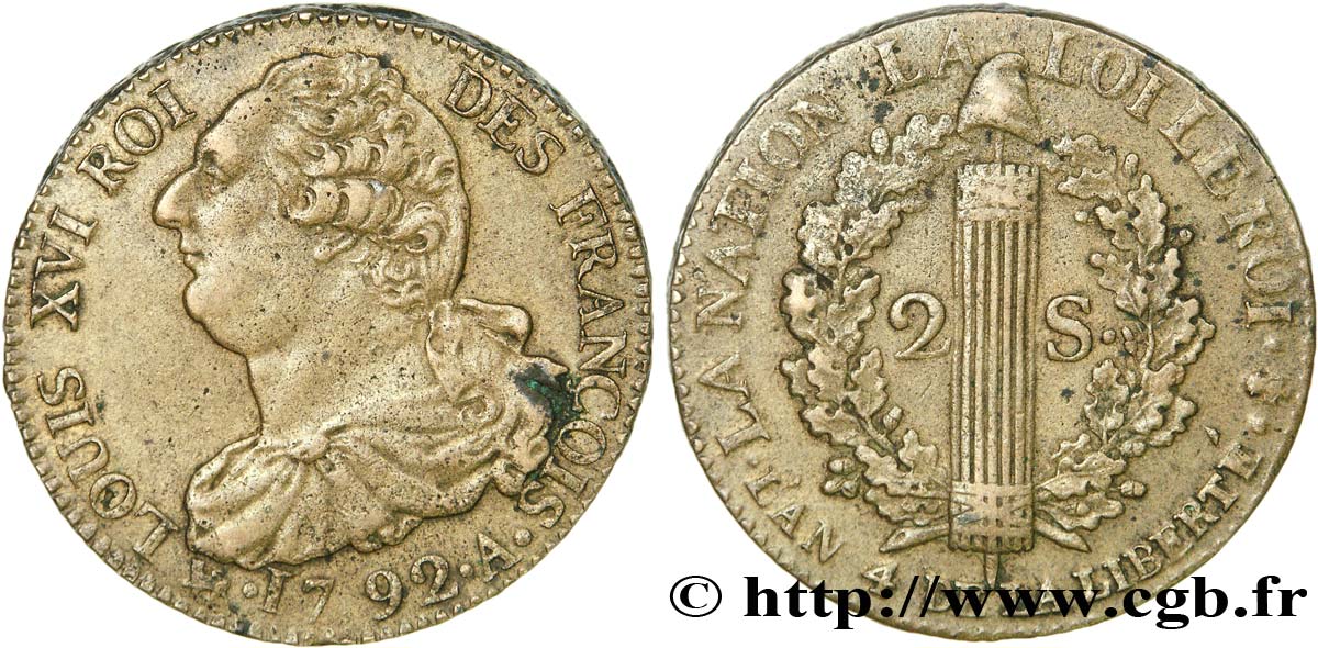 LOUIS XVI (MONARQUE CONSTITUTIONNEL)  2 sols dit  au faisceau , type FRANÇOIS 1792 Paris SUP/TTB+