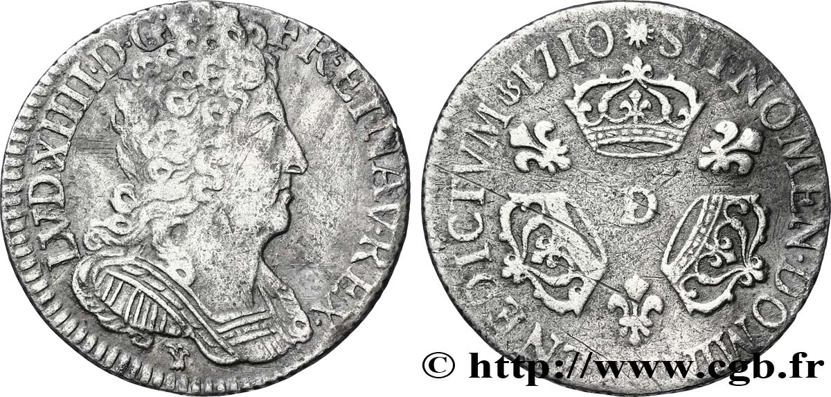 LOUIS XIV LE GRAND OU LE ROI SOLEIL Dixième d écu aux trois couronnes 1710 Lyon TTB/TB+