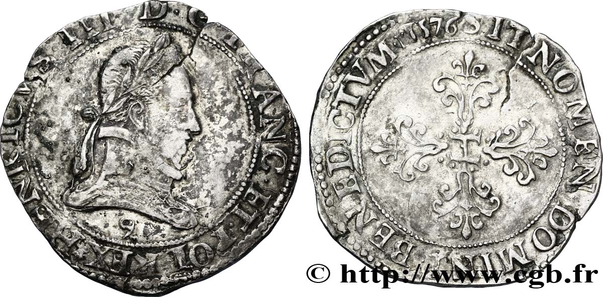 HENRI III Franc au col plat 1576 Rennes TB+/TTB