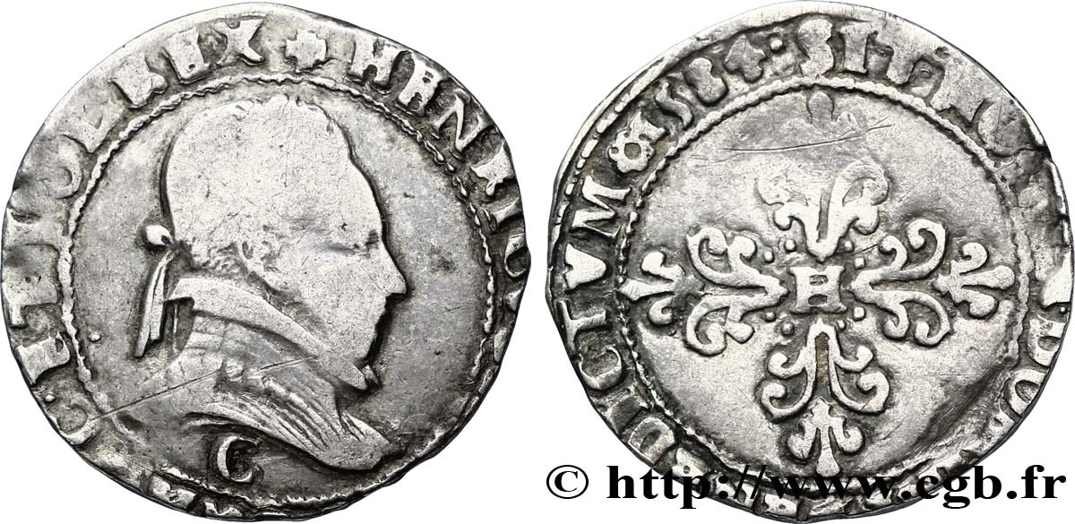 HENRI III Demi-franc au col plat 1584 Saint-Lô B+