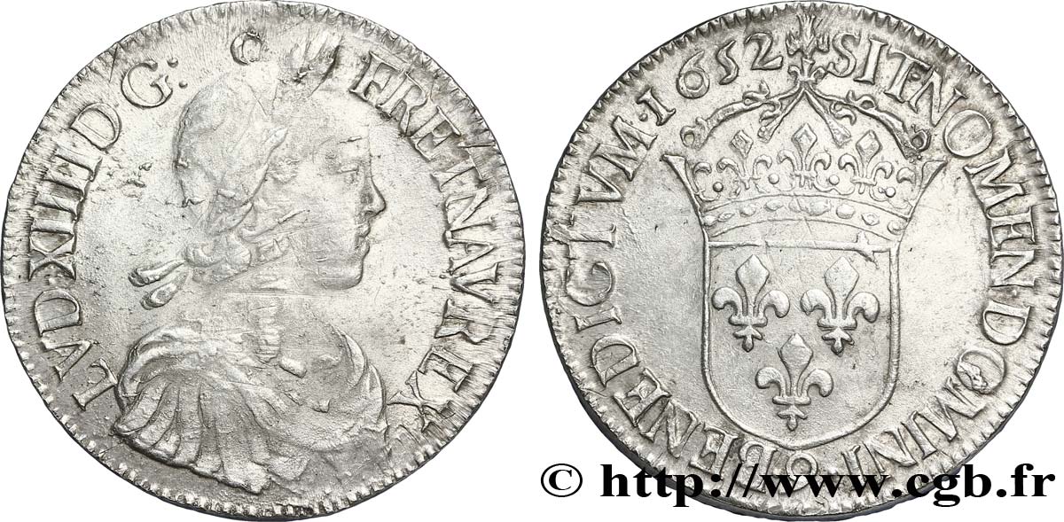 LOUIS XIV LE GRAND OU LE ROI SOLEIL Écu, portrait à la mèche longue 1652 Rennes TTB