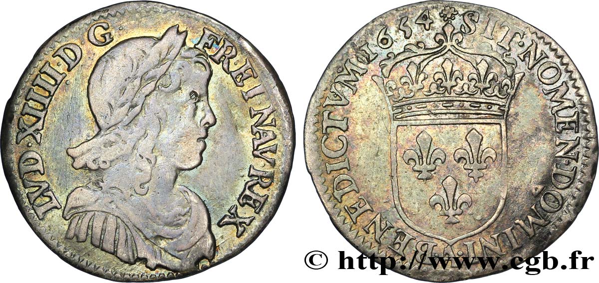 LOUIS XIV LE GRAND OU LE ROI SOLEIL Douzième d&nbsp;écu, portrait à la mèche longue 1654 Paris TB+/TTB