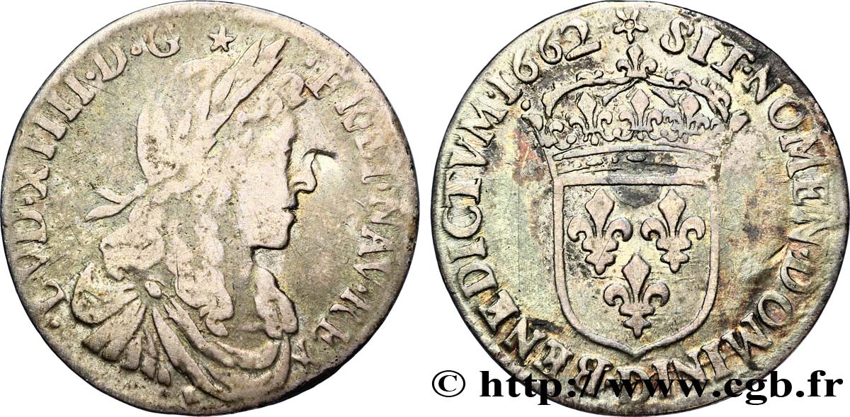 LOUIS XIV LE GRAND OU LE ROI SOLEIL Douzième d&nbsp;écu, portrait apollinien 1662 Lyon TB/TB+