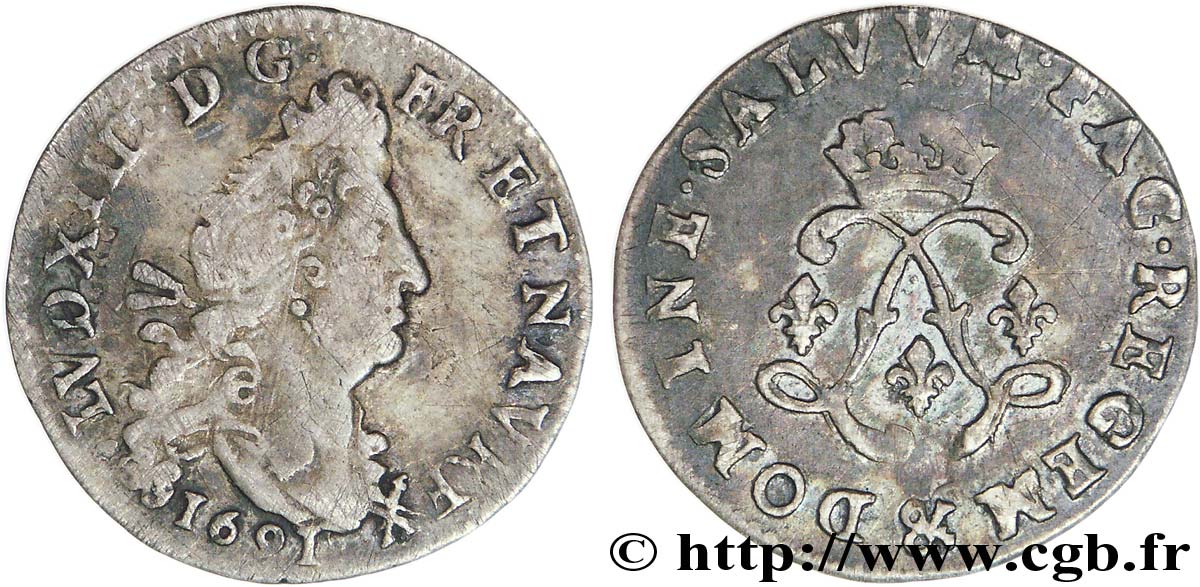 LOUIS XIV  THE SUN KING  Quatre sols aux deux L 1691 Aix-en-Provence VF/XF