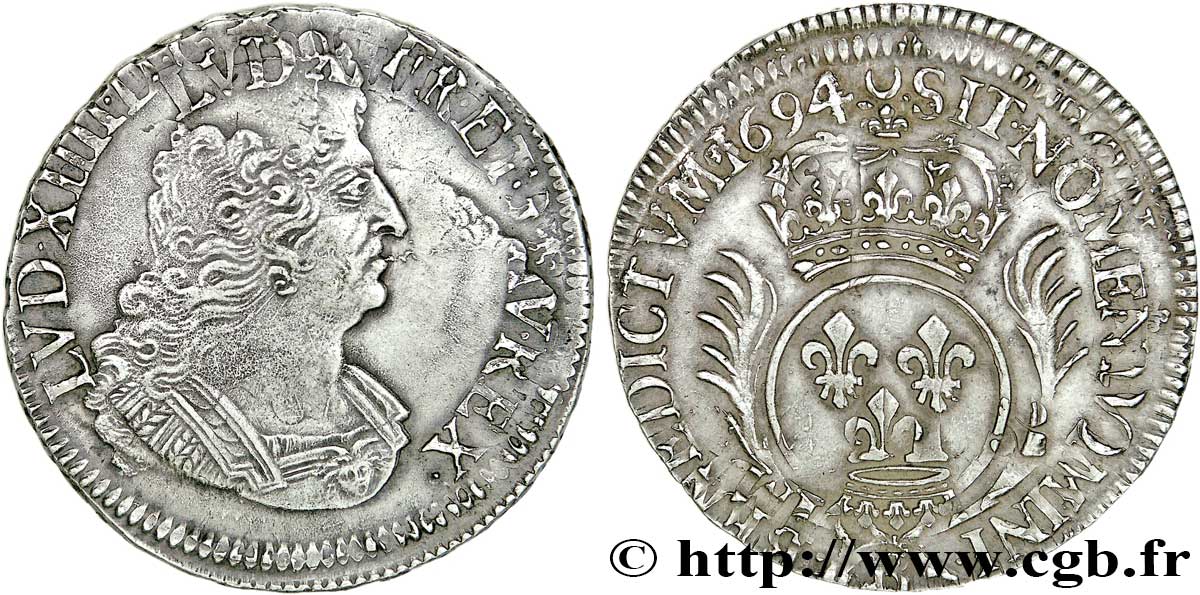 LOUIS XIV LE GRAND OU LE ROI SOLEIL Demi-écu aux palmes 1694  Rouen TTB+