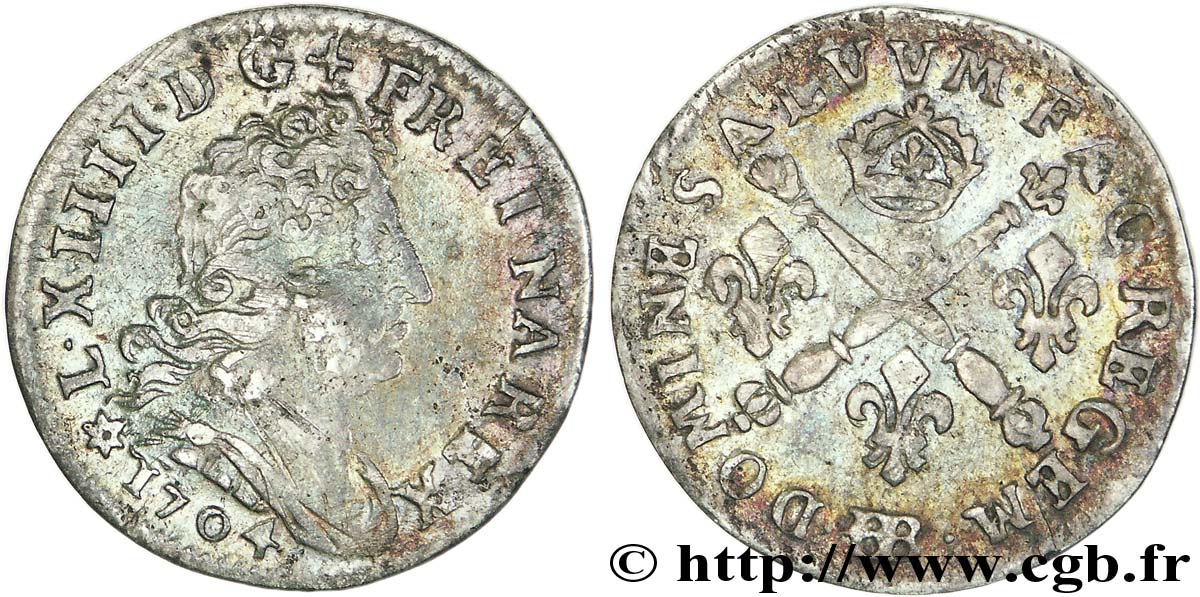 LOUIS XIV LE GRAND OU LE ROI SOLEIL Cinq sols aux insignes 1704 Strasbourg TTB