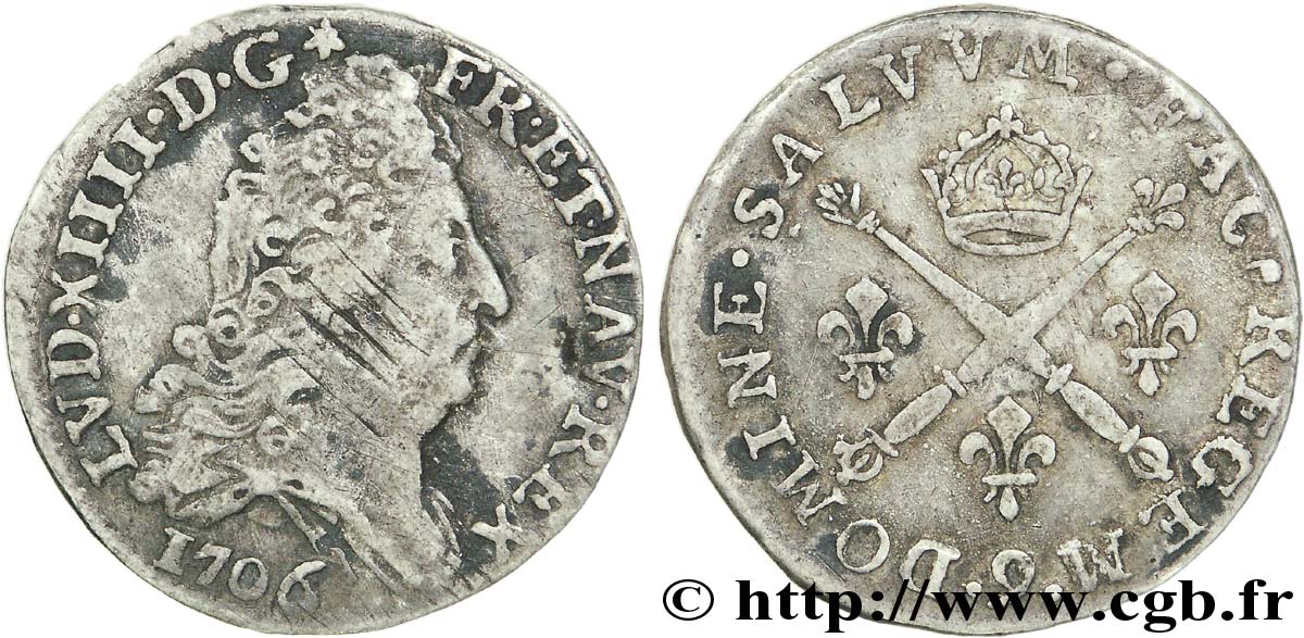 LOUIS XIV LE GRAND OU LE ROI SOLEIL 10 sols aux insignes 1706 Rennes TB/TB+