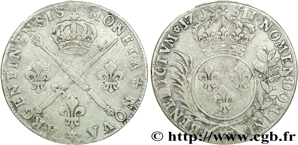 LOUIS XIV  THE SUN KING  Trente-trois sols aux insignes 1705 Strasbourg fSS