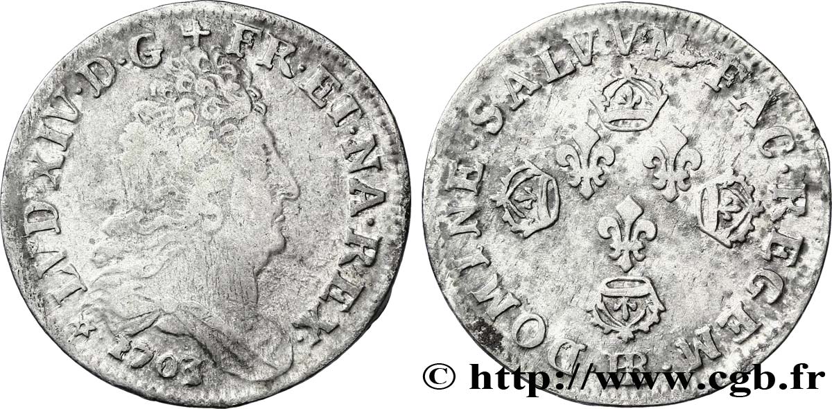 LOUIS XIV LE GRAND OU LE ROI SOLEIL Dix sols aux quatre couronnes 1703 Strasbourg TB+