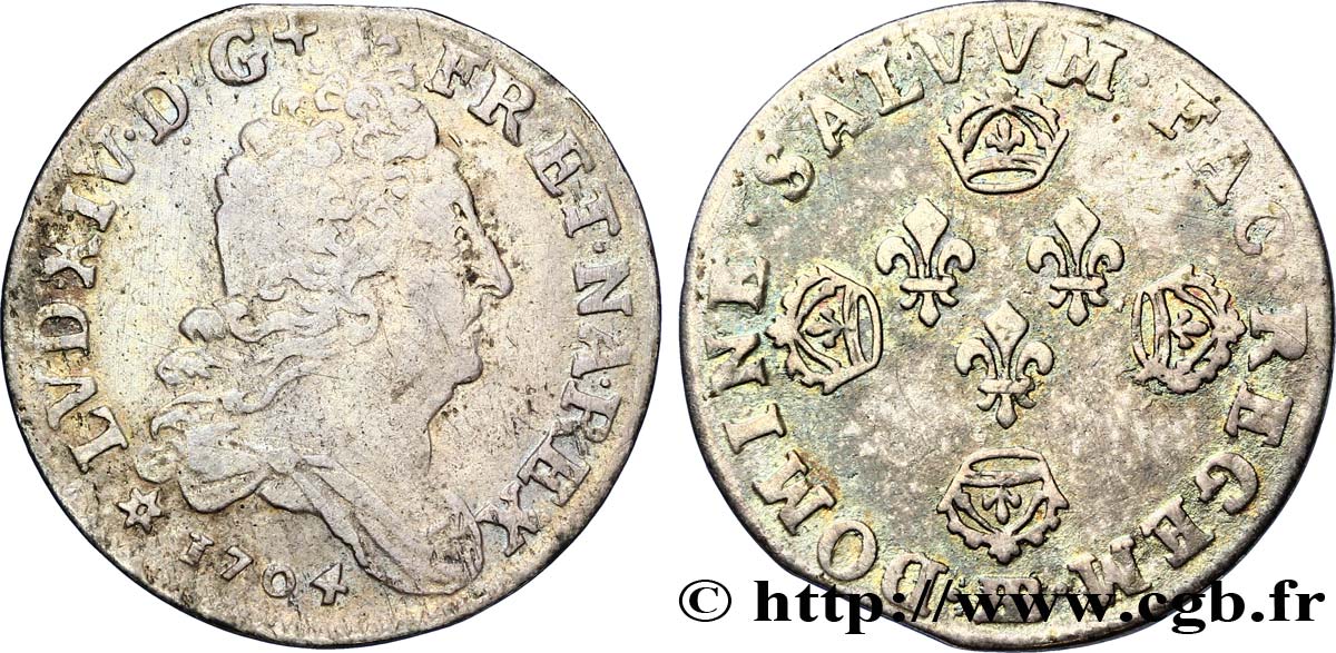 LOUIS XIV LE GRAND OU LE ROI SOLEIL Dix sols aux quatre couronnes 1704 Strasbourg TB+/TTB