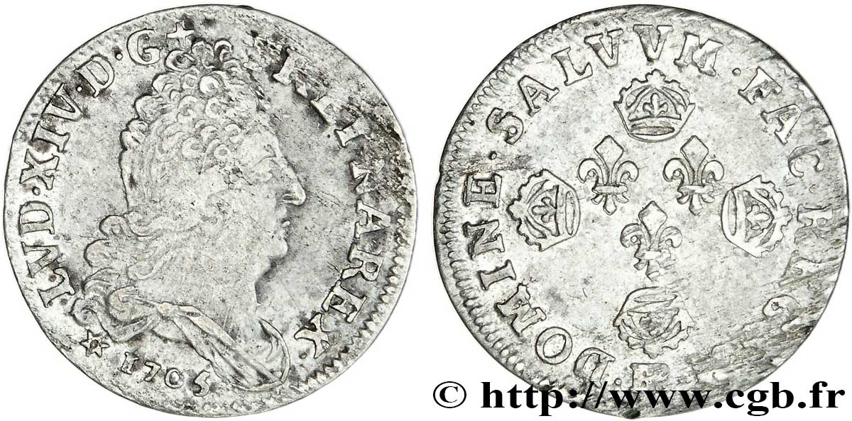 LOUIS XIV LE GRAND OU LE ROI SOLEIL Dix sols aux quatre couronnes 1705 Strasbourg TB+/TTB