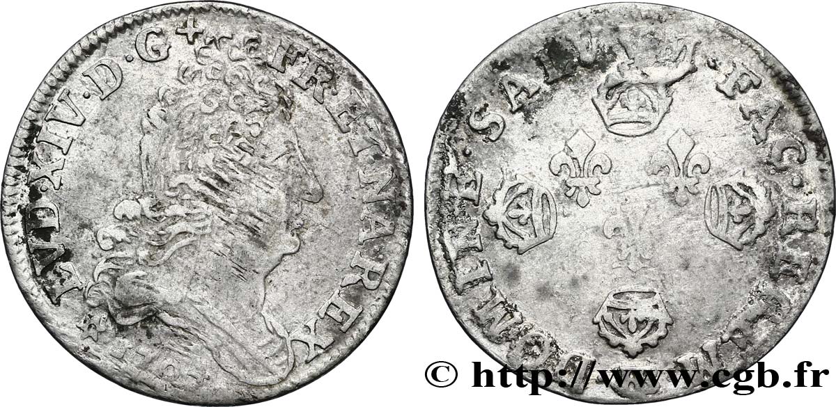 LOUIS XIV LE GRAND OU LE ROI SOLEIL Dix sols aux quatre couronnes 1704 Strasbourg TB+