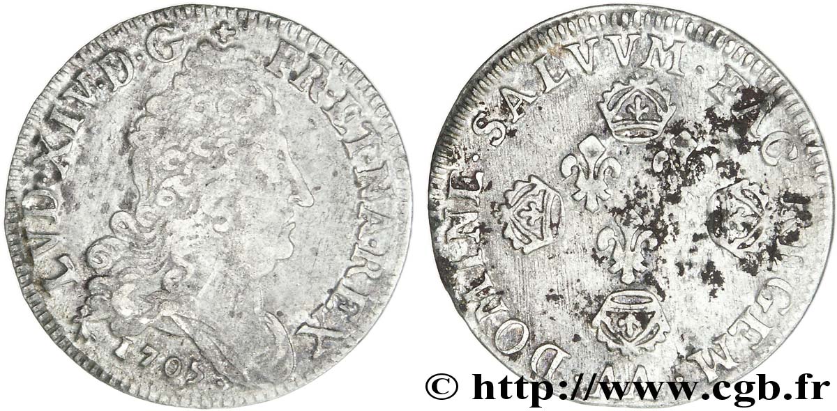 LOUIS XIV  THE SUN KING  Dix sols aux quatre couronnes 1705 Metz MB